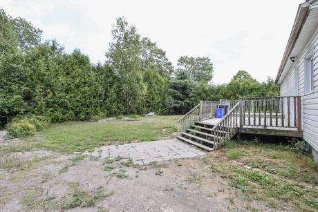 Rear wooden deck with stairs and a stone patio backed by trees